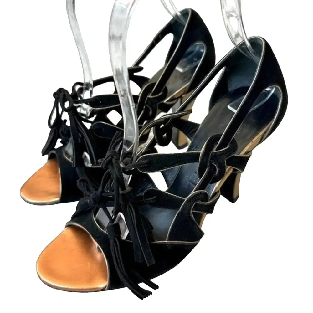 CHANEL Black Suede Tassel Lace Open Toe Heel Sandal IT 36